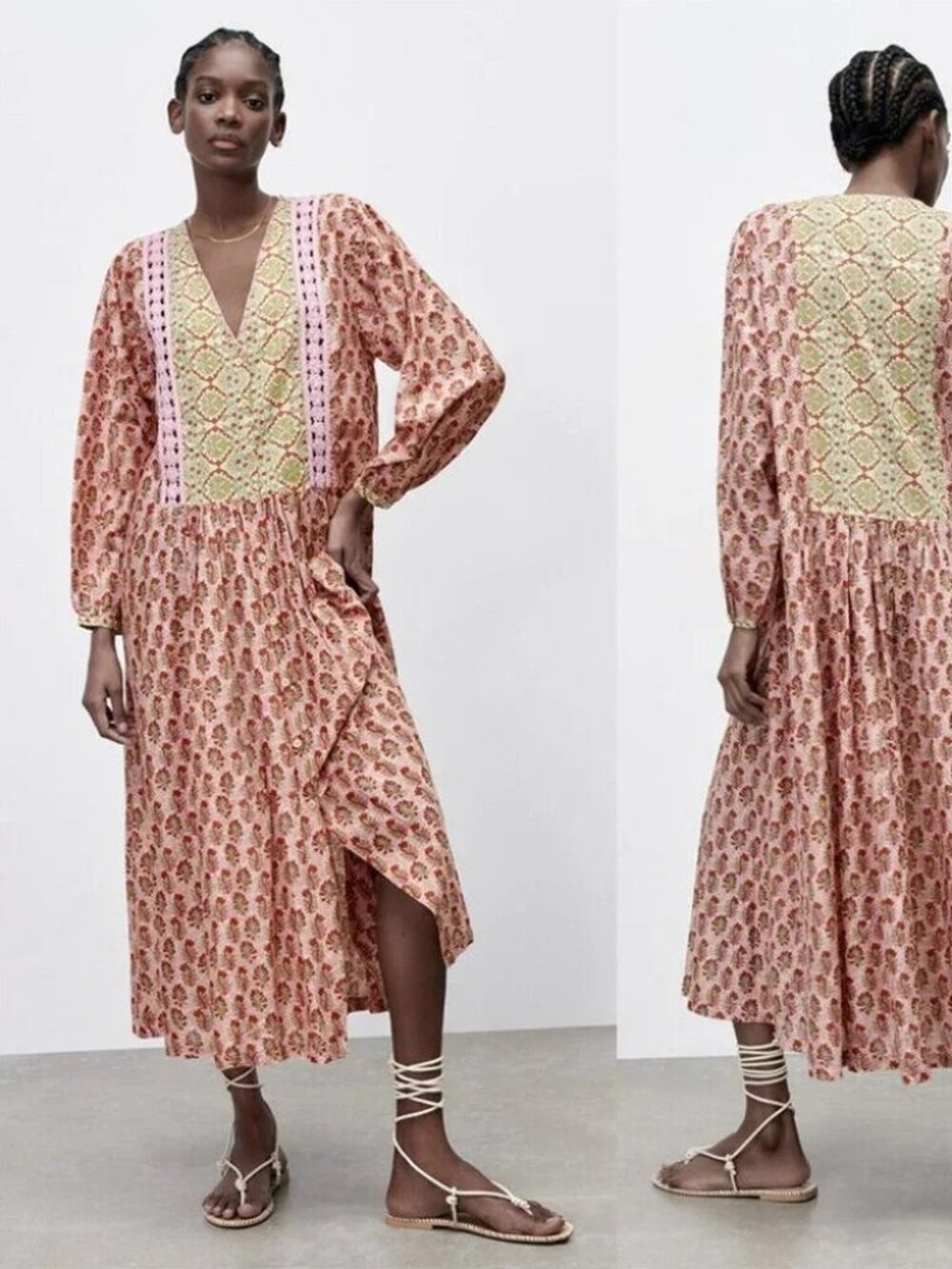 ZARA Sz Small Boho Maxi Dress Crochet Trim Cotton Print Peasant Loose Hippie